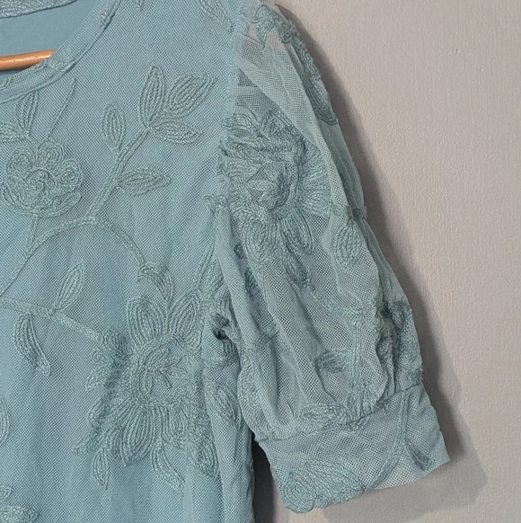 Kim & Cami Los Angeles Women's Large Blue Embroidered Mesh Short Puff Sleeve Top - Picture 3 of 9